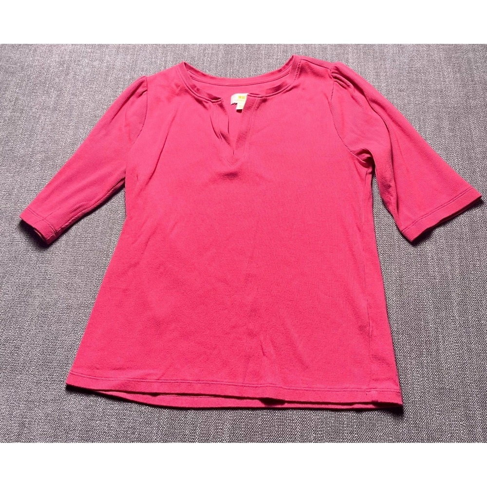 Maeve by Anthropologie Ribbed Top Womens Medium Pink Balloon Sleeve Split Neck